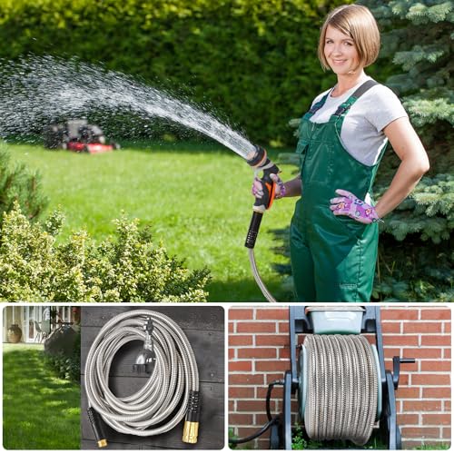 Metal Garden Hose 100FT Heavy Duty Lightweight 304 with Brass Nozzle,Durable Fittings,No Kink & Tangle,Puncture Resistant,Easy to Use & Store for RV,Outdoor, Yard,Ligh (100ft) - size: 100ft