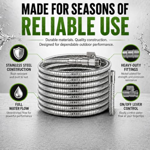 Morvat 50ft Stainless Steel Garden Hose Metal with Brass ON/OFF Valve, Heavy Duty for Nozzle, Water, Yard & Outdoor, Lightweight No-Kink, Crush & Puncture Resistant, Roll of Teflon Tape & 3 Washers - size: 50FT