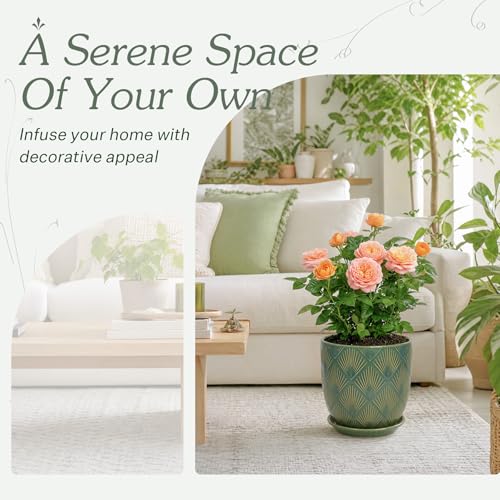 7.2 Inch Modern Ceramic Glaze Plant Pot with Drainage Hole,Mesh Net,Saucer,Indoor Outdoor Planter (Fan-Green) - color: Fan-green
