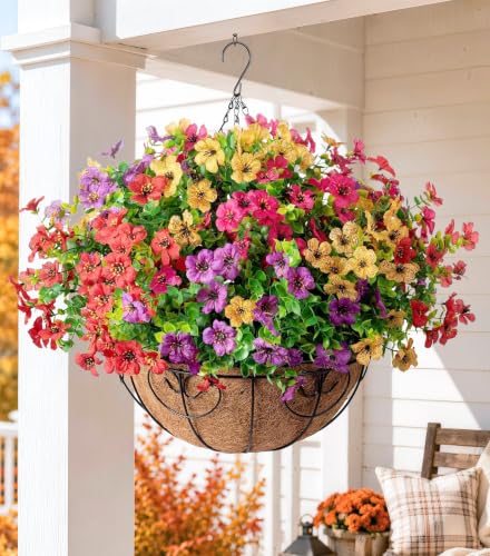 HyeFlora Artificial Faux Hanging Plants Flowers Basket for Summer Outdoor Outside Decoration, Fake Silk UV Sun Resistant Look Real Colorful Daisy Eucalyptus for Porch Home Patio Balcony Yard - color: Mix