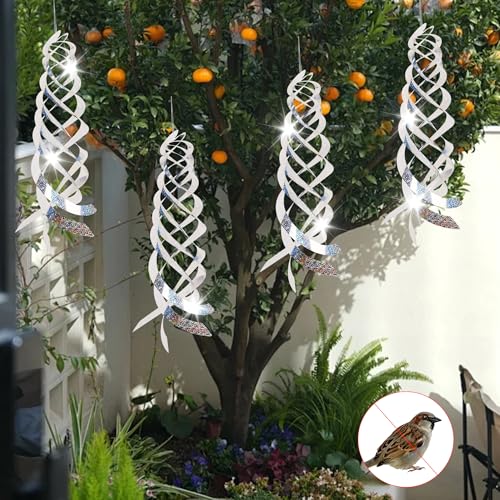 Spiral Reflective Bird Repellent Device 4Pcs, 17.8 Inch Silver Bird Deterrent Hanging Ornament, Wind-Activated Rotating Reflector, for Garden, Yard, and Balcony Window Bird Control