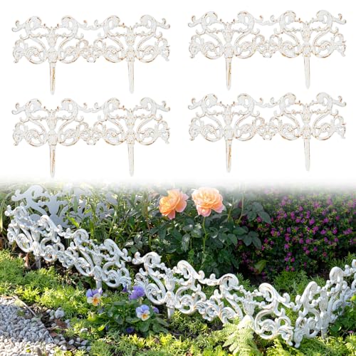 Sungmor Vintage Cast Iron Garden Border Fence, Decorative Metal Edging for Flower Beds & Pathways, Ornate Heavy Duty Outdoor Lawn Edge Décor, Rustic White Finish & 4 Pack Panels, 8.5" H × 16.5" W - color: Rustic White
