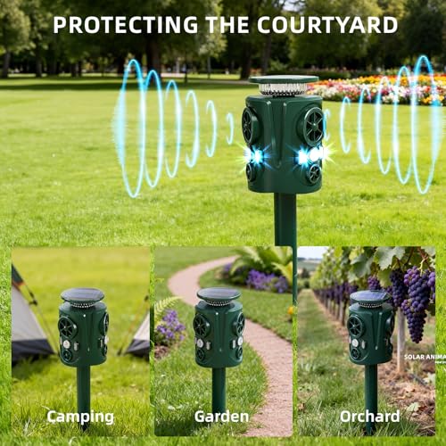 Solar Ultrasonic Animal Repeller Outdoor 360° Motion Activated Animal Deterrent, Cat Repellent Outdoor with LED Light, IP66 Waterproof 5 Modes Deer Squirrel Raccoon Skunk Rabbit Dog Repellent for Yard