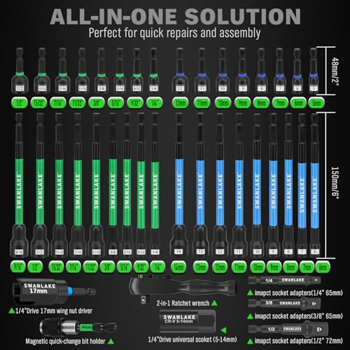 41-Piece Magnetic Nut Driver Set for Impact Drill Metric & SAE, Impact Socket Adapter, 2-IN-1 Ratchet Handle, Wing Nut Driver, Universal Socket, 1/4'' Quick-change Bit Holder - color: New Version Green