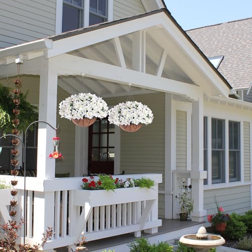 Artificial Hanging Flowers Faux Plants Basket for Outdoors Fall Winter Decor, Fake Silk Bougainvillea in Planter Outdoor Look Real UV Resistant Faux Flower for Outside Porch Patio Garden Home, White - color: White-new