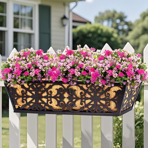 4 Pack 24 Inch Window Boxes Planters Railing Planter Box with Adjustable Brackets & Coco Liners Fabric Plant Grow Bags Deck Railing Planter Boxes Balcony Hanging Flower Box for Outdoor Plants - color: 4 Pack-black, size: 24 Inch