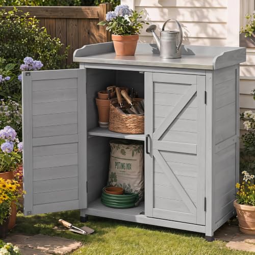 Outdoor Potting Bench with Storage Cabinet and Metal Top, Wood Workstation for Outdoor Patio, Garden (Classic Grey, 31.5x17x39‘’) - color: Classic Grey, size: 31.5x17x39"
