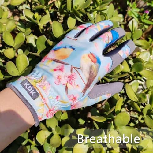 KDK Leather Gardening Gloves for Women Thorn Proof Yard Work Gloves (S) - color: Blue (Birds), size: Small