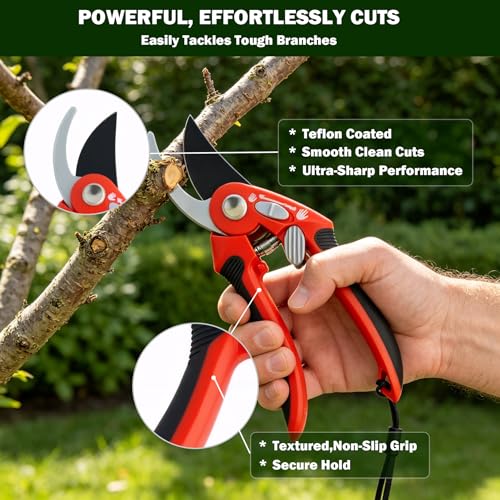 Pruning Shears for Gardening, 8.4" Bypass & 7" Straight Garden Shears – Sharp SK5 Steel Blade, Gardening Shears & Garden Snips for Trimming Flowers, Branches, Fruits(Red, Adjustable Pruner) - color: Red