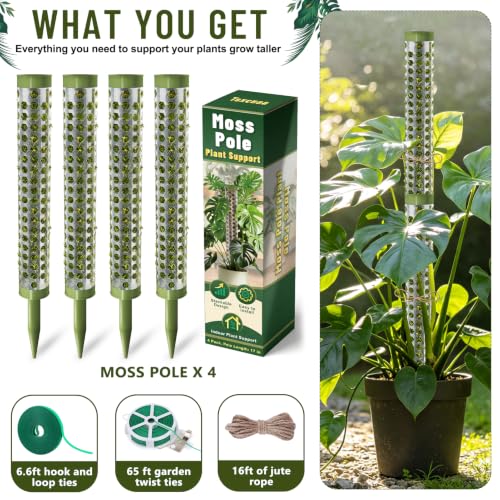 Moss Pole Monstera Plant Support 55 Inch, Stackable Sphagnum Moss Poles Sticks for Climbing Plants Indoor 4 Packs 17 Inch Plant Stakes for Garden Potted Plants, Pothos, Philodendron, Green