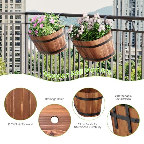 2PACK Wooden Cute Hanging Flower Pots for Railing Fence Outdoor Planter Railing Planter Boxes for Plants Wall Planters Window Flower Box Hanging Bucket Pots Countryside plant Holder (Brown,2pcs,Large) - color: Brown-2pcs, size: Large