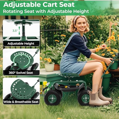 DORTALA Heavy Duty Garden Cart Work Seat w/360 Swivel Seat and Storage Basket, 4-Wheel Rolling Planting Cart w/Tool Tray Extendable Steering Handle Height Adjustable Seat for Gardening, Green