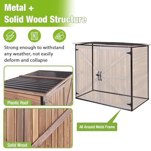 GUTINNEEN Weatherproof Outdoor Trash Can Shed, Outdoor Storage Shed with Strong Metal Frame, Wooden Garden Sheds with Adjustable Shelves and Removable Floor - color: Brown1