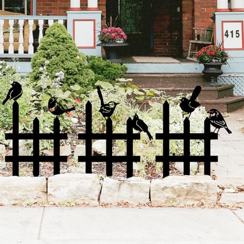 3 Pcs Small Garden Fence with 6 Piece Bird Decoration, Rustic Garden Decor - color: Black