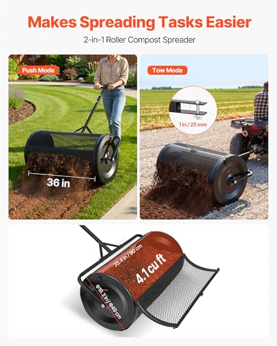 VEVOR Compost Spreader, 36" Wide Peat Moss Spreader with Push/Tow Handle, 4 Heights Adjustable, Powder-Coated Steel Garden Peat Moss Roller, Heavy Duty Grass Seed Roller for Planting Seeding, Black - style: 36in