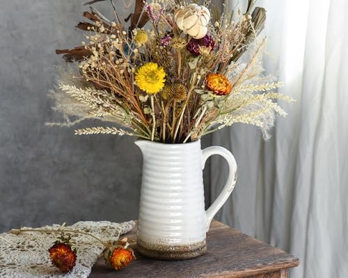 Quoowiit Ceramic Rustic Vase with Handle, White Distressed Decorative Farmhouse Pitcher Vase for Home Decor Living Room Bedroom Kitchen Office Shelf Decor Centerpiece Table Decoration - color: 7 Inch White Pitcher