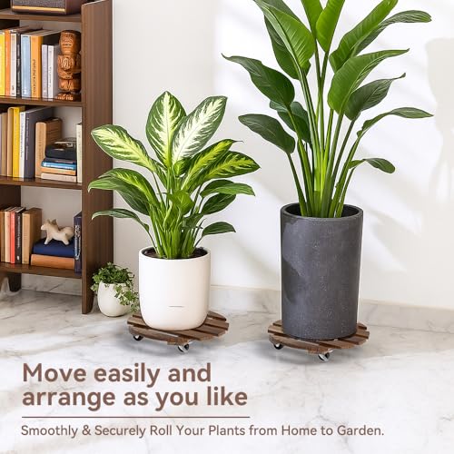 2 Pack 12 IN Wood Plant Caddy, 360 Lock Wheels Indoor Outdoor Heavy Stand