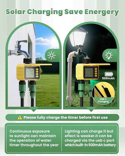 Solar Sprinkler Timer 2 Zone, Water Timer for Garden Hose Programmable, Outdoor Hose Timers for Watering with Rain Delay/Automatic&Manual Watering, Digital Drip Irrigation for Faucet Lawn, Yard