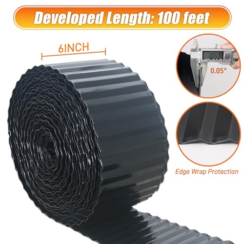 Quibbay Corrugated Metal Garden Edging, 6"×100Ft Landscape Edging Border for DIY Lawn, Flower Bed and Garden, Flexible Bender Border for Lawn and Yard, Sturdy Galvanized Garden Edging Border, Black - color: Black, size: 6 Inch × 100FT