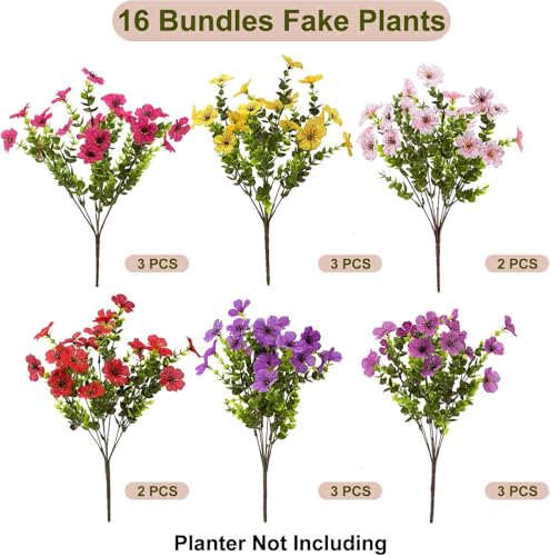 Artificial Violet Flowers Outdoor UV Resistant, 16-Stem Multi Pack Faux Purple Blooms for Front Porch, Patio, Garden & Large Planters, Fade Resistant Silk Fake Flowers (16, Mix Colors) - color: Mix Colors