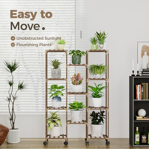 Bamworld Plant Stand With Wheels Indoor Outdoor Wood Plants Shelf for Multiple Plants 11 Pots,Tall Large Flower Holder for Living Room, Patio, Balcony, Garden - color: Brown-11 Pots, style: Cabinet Wheels