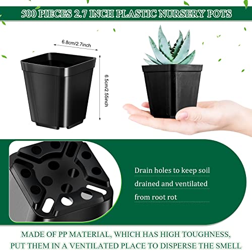 Yinder 500 Pcs 2.7 Inch Black Square Plastic Nursery Pots, Modern Plant Starter Pots, Drainage Hole, Ideal for Indoor Outdoor Flowers, Succulents, Herbs