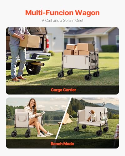 VEVOR 3-in-1 550lbs/220L Large Collapsible Folding Wagon, Convert to Bench, Foldable Beach Wagon with Wheels for Sand, Outdoor Utility Wagon for Groceries, Camping, Sports, Shopping - color: Khaki