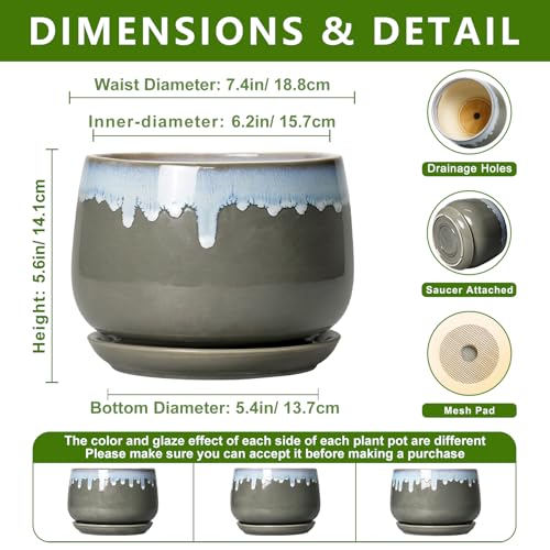 Ceramic Planter, 7 Inch Flower Pots for Indoor Plants, Grey-Blue - size: 7 Inch, style: Grey-blue