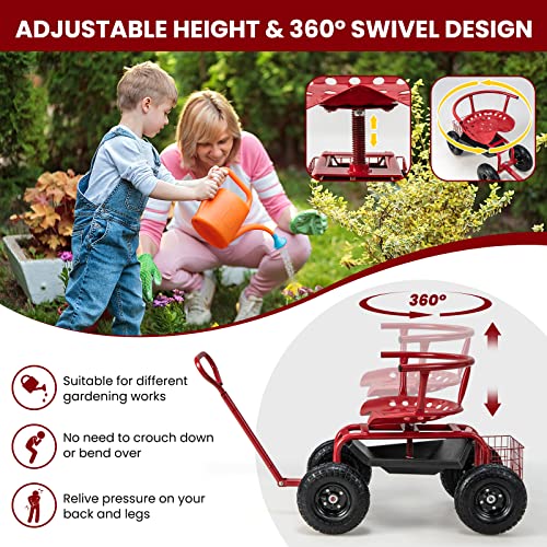 Garden Cart with Seat, Heavy-Duty Rolling Wagon Scooter with Wheels, Height Adjustable & 360° Swivel Seat, Storage Tray, Basket & Handle, Outdoor Gardening Work Seat for Patio Yard(Green) - color: Red