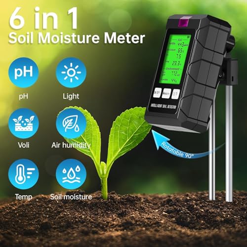6-in-1 Soil Moisture Meter with Moisture/pH/Temperature/Sunlight/Air Humidity/Fertility, Soil Tester for Farming, Gardening and Outdoor Plants (2*AAA Battery Needed)| Factory-Permanent Calibration