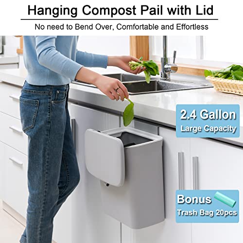 Tiyafuro 2.4 Gallon Kitchen Compost Bin for Counter Top or Under Sink, Hanging Small Trash Can with Lid for Cupboard/Bathroom/Bedroom/Office/Camping, Mountable Indoor Compost Bucket, Gray - color: Gray