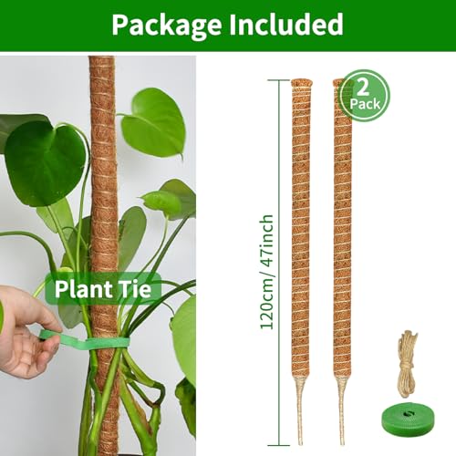 2 Pack 47'' Moss Pole for Monstera, Bendable Coco Coir Plant Support Stakes - size: 2 Pack(47-Inch)