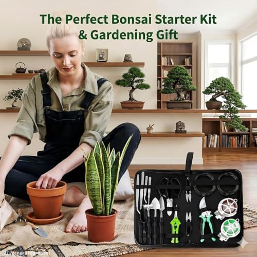 Bonsai Tools Set, 20-Piece Bonsai Tools Set with Waterproof Repotting Mat, Pruning Shears, Scissors & Training Wire - Indoor Gardening Starter Gifts for Women, Men & Beginners - color: Green