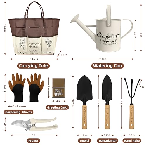 Grandma Gifts, Mothers Day Garden Kit Gifts for Grandma from Grandkids Gardening Tools and Durable Garden Tools Organizer Tote, Ideal Gardening Set for Women on Plant Lover Birthday Present Brown