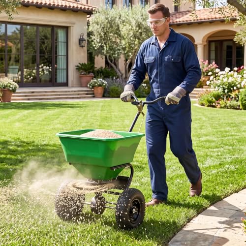 66LBS Walk-Behind Broadcast Spreader with 13" All-Terrain Pneumatic Tires, 6.5FT Spreading Width & Adjustable Flow Control, Push Fertilizer Spreader for Grass Seed, Salt & Ice Melt (Green) - color: Green
