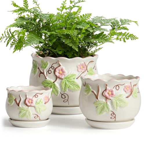 Ceramic Plant Pots with Drainage Holes and Saucers, Small Planters Set of 3 - color: White03