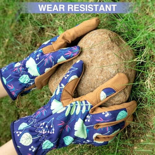 Womens Gardening Weeding Working Gloves, Leather Garden Glove for Women Thorn Proof No Stab for Digging, Planting,Pruning - color: Blue-large