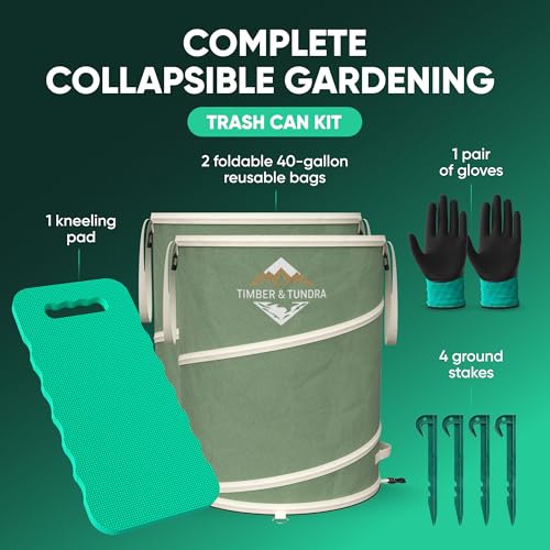 Timber & Tundra 40-Gallon Collapsible Trash Can Set of Two with Stakes, Gardening Gloves and Kneeling Pads | Pop Up Trash Can for Camping