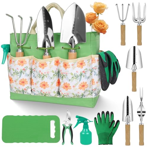 Gardening Tools 10-Piece Heavy Duty Stainless Steel Hand Tools with Durable Garden Tools Storage Tote,Rust-Proof Garden Tool Set, Ideal Gardening Gifts for Women Yellow Floral Pattern Design - style: Yellow Floral