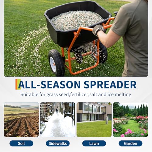 GarveeLife Walk Behind Lawn Spreader, 70 LB Fertilizer Spreader, Push Broadcast Spreaders with 8" All-Terrain Tires, 0–10FT Spreading Width, for Lawn Care & Seed Spreading