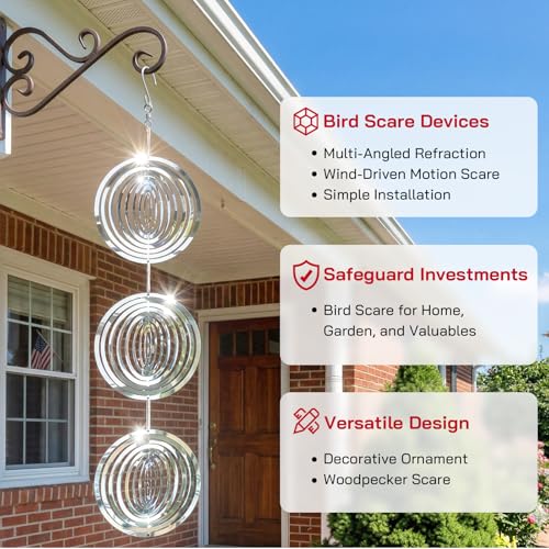 2026 Upgraded Bird Deterrents for Outside, 12 Pack 3D Stainless Steel Wind Spinners Outdoor Decor, Reflectors Bird Scare Devices to Keep Woodpeckers, Pigeons Away from Your Garden, House, Patio