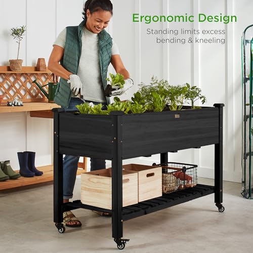 Best Choice Products Raised Garden Bed 48x24x32-inch Mobile Elevated Wood Planter w/Lockable Wheels, Storage Shelf, Protective Liner - Black - color: Black