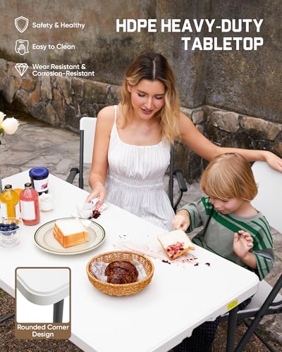 FanttikOutdoor Folding Table 4 Foot Quick Adjust Portable Plastic 4 Heights - color: Granite White