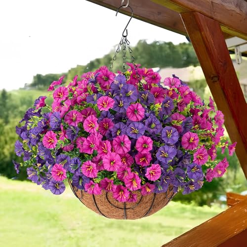 HyeFlora Artificial Fake Hanging Flowers Plants Baskets for Outdoors Fall Decoration, UV Resistant Faux Silk Morning Glory in Planter Realistic for Outside Porch Patio Balcony Garden Yard Home Decor - color: B Purplefuchsia