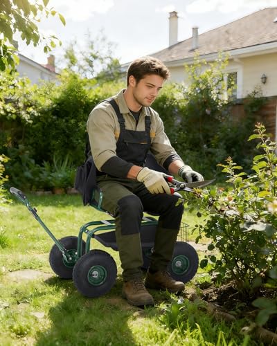 Heavy Duty Rolling Garden Cart Work Seat – 360° Swivel Adjustable Stool, Extendable Handle, 10" Inflatable Tires, Storage Tray & Basket, Reinforced Steel Double Frame with Backrest & Armrest – Green - color: Green, size: With Backrest