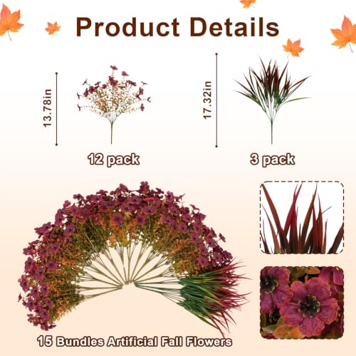 15 Bundles Artificial Fall Flowers UV Resistant Outdoor Decor - color: Red