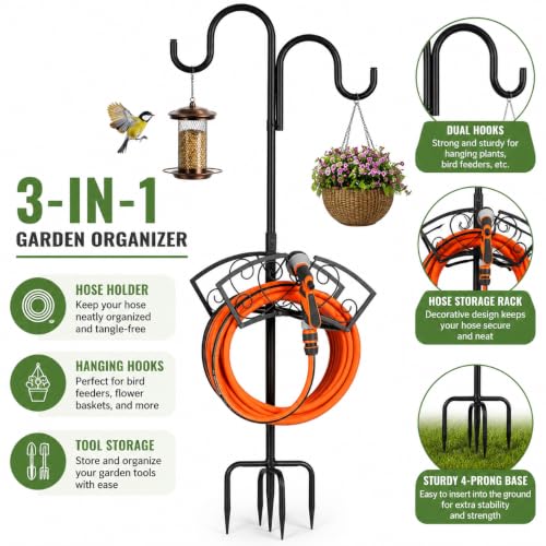 Garden Hose Holder, Freestanding Hose Stand for Outside, 150FT Hose Storage Organizer with 5-Prong Base and Shepherd Hooks for Garden Yard Patio