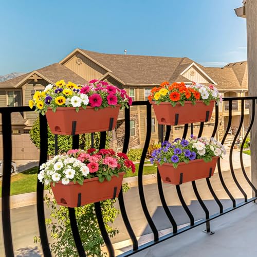 Railing Planter Boxes 17 Inches Rectangular Window Box Planters with Flower Box Brackets 2 Tier Adjustable Balcony Planters for Indoor Outdoor Herb Plants Hanging Porch Fence Rail - color: Red