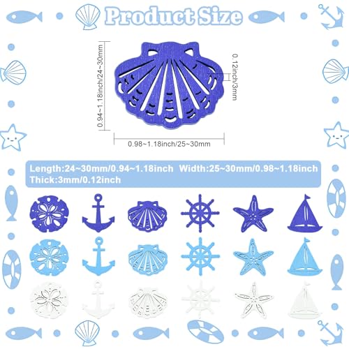 Ipotkitt 100pcs Ocean Theme Wooden Cutouts, Unfinished Nautical Wood Slices for DIY Crafts, Scrapbooking & Party Decorations, 6 Designs 3 Colors Random Mix - color: Ocean Theme Wooden Cutouts_100pcs