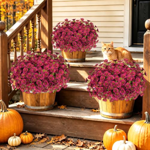 Fake Mums Artificial Fall Flowers for Outdoors Silk Daisy Bulk - color: Burgundy